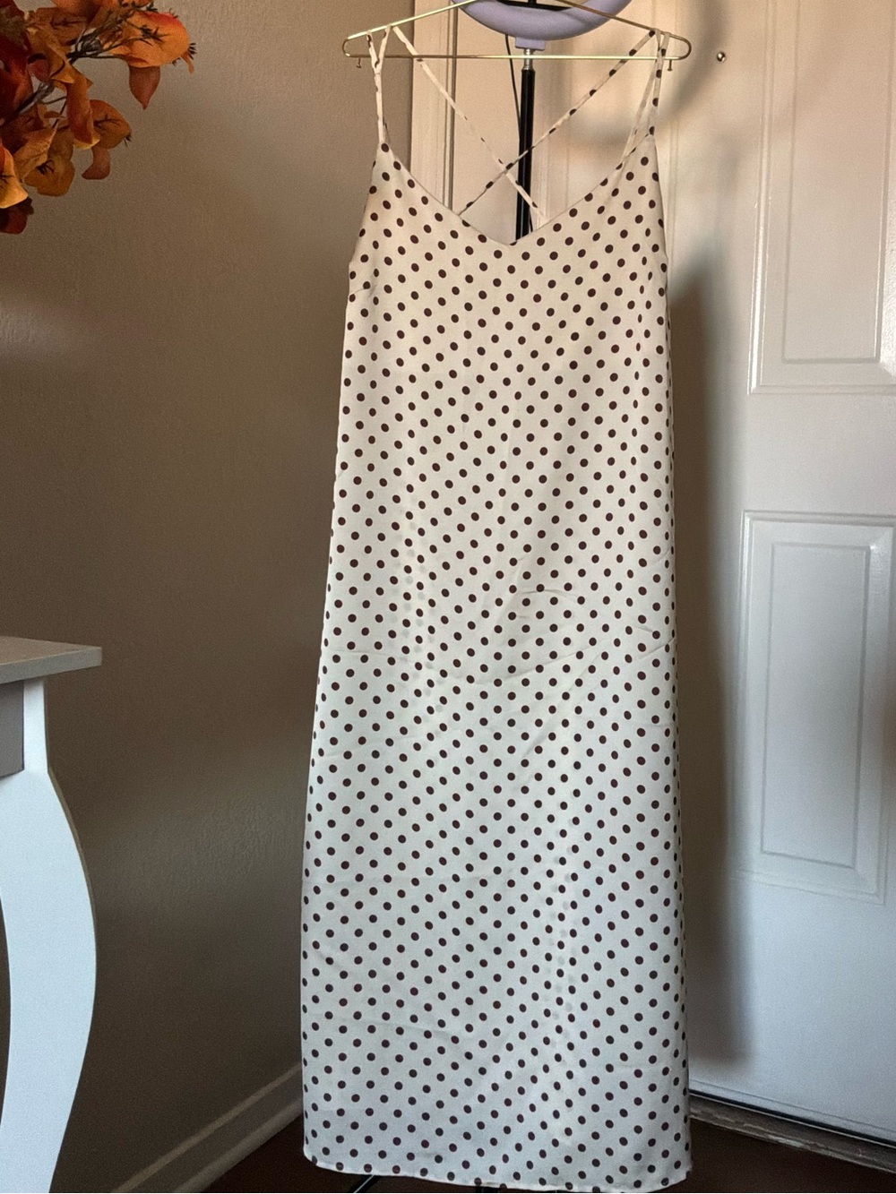 Mango Cream Maxi Slip Dress with Brown Polka Dots